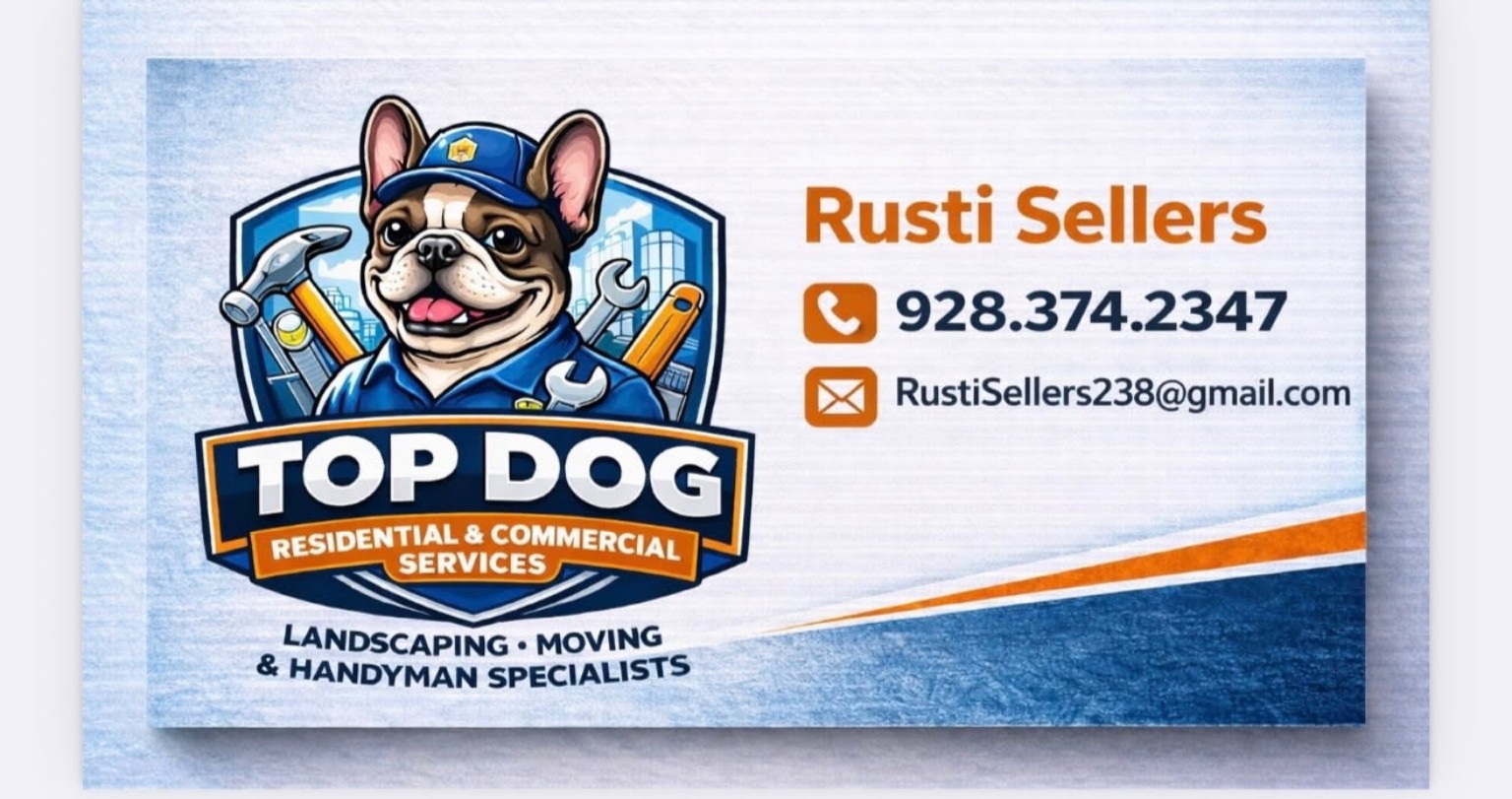 Top Dog residential and commercial services logo and Rusti Sellers contact card